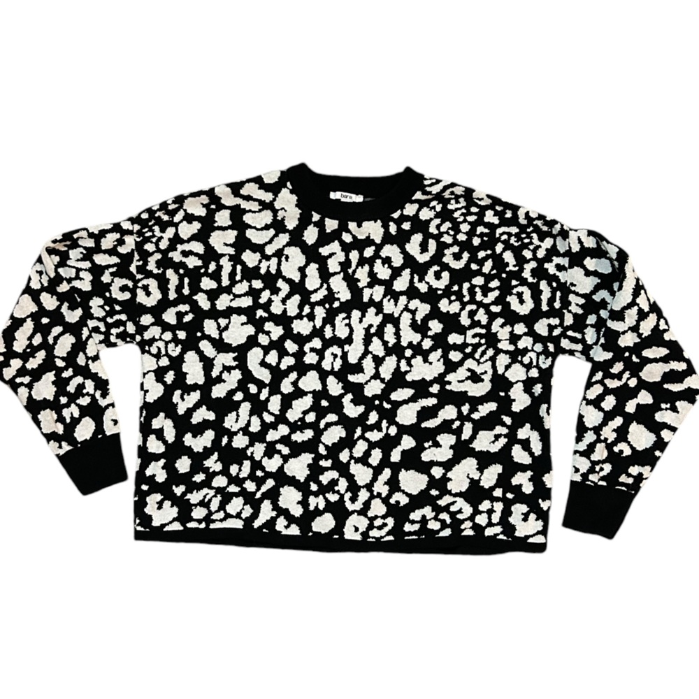 Bar III Black & White Cheetah Jacquard Crewneck Pullover Cropped Sweater M - Picture 3 of 9